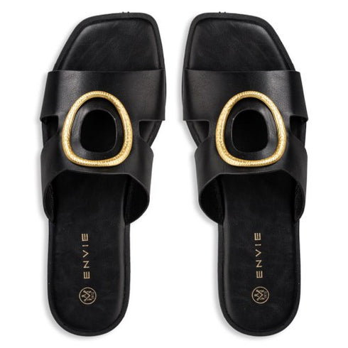 Envie Shoes Φλατ Σανδάλια με Άνοιγμα στο Πάνω Μέρος και Χρυσή Λεπτομέρεια Μαύρο