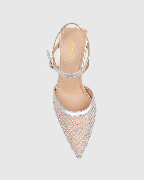 Verde Γυναικείες Slingback Γόβες με Μπαρέτα και Διακοσμητικό σχέδιο με Δίχτυ 28-4028 Ασημί