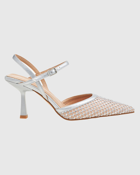 Verde Γυναικείες Slingback Γόβες με Μπαρέτα και Διακοσμητικό σχέδιο με Δίχτυ 28-4028 Ασημί