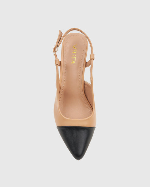 Verde Γυναικείες Slingback Γόβες με Χαμηλό Τακούνι 28-4024 Μπεζ